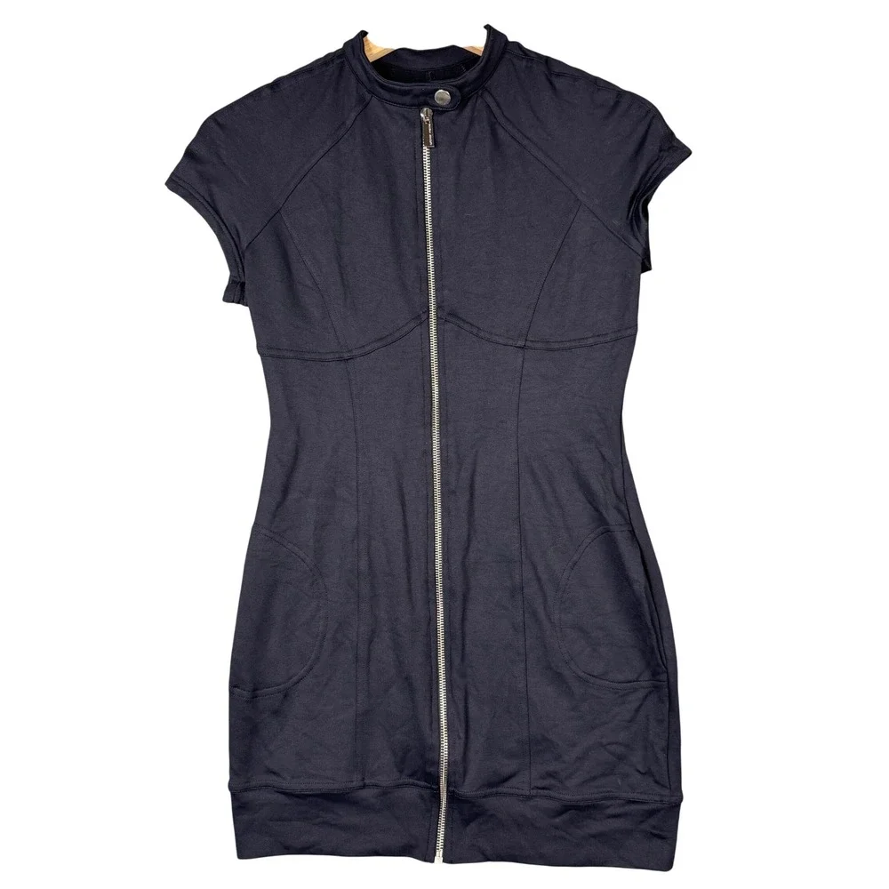 Bebe Sport Black Full Zip Mock Neck Bodycon Mini Dress Cap Sleeve 705G9101-B634